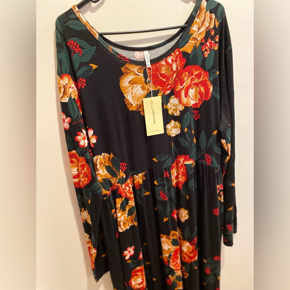 LONGYUAN, Sz 4XL, Dark Green, Floral Long Sleeve Maxi Dress - NWT - Picture 9 of 12